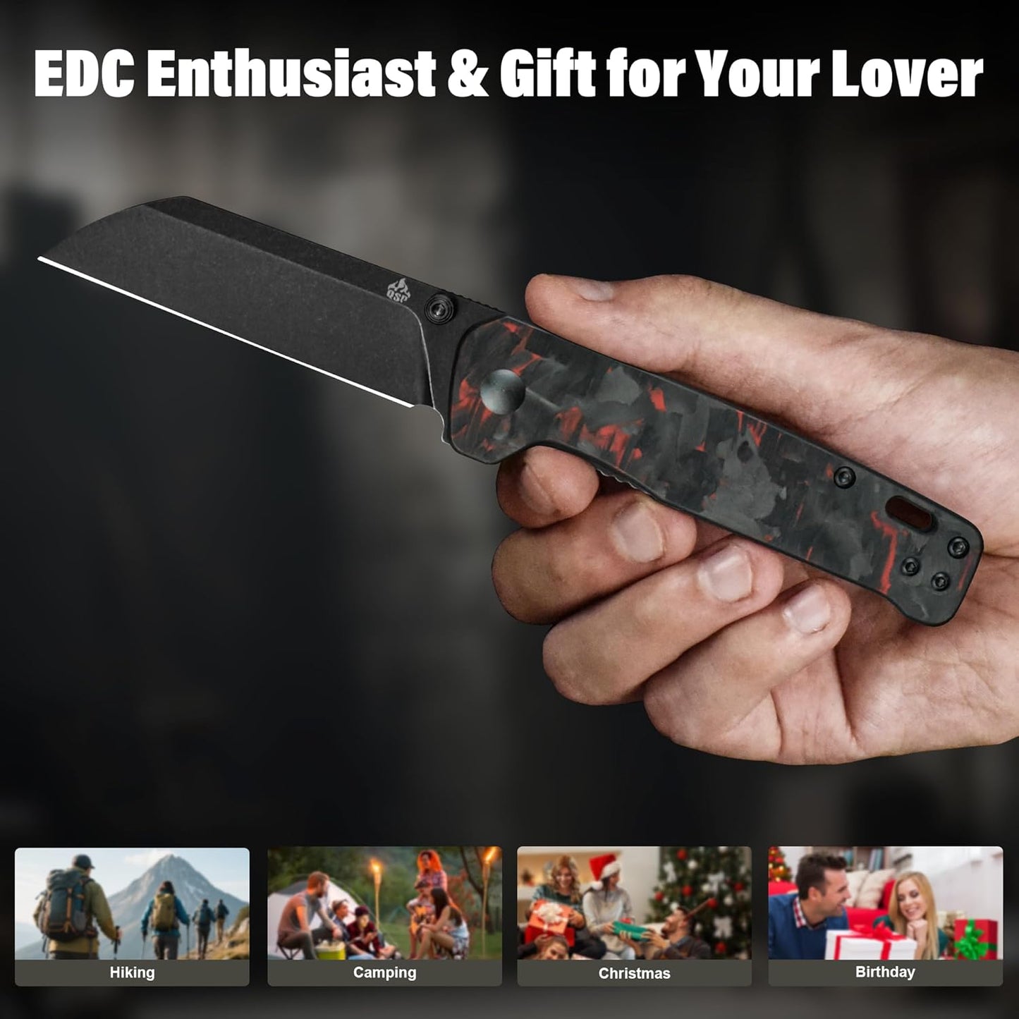 QSP Penguin V2 Folding Pocket Knife, 3.06" D2 Black Stonewash Blade EDC Knife, Red Shredded CF Overlay G10 Handle, Liner Lock, Ceramic Ball Bearings, Reversible SS Deep Carry Clip