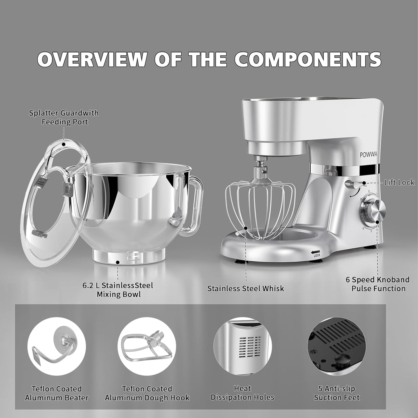 Stand Mixer, POWWA 7.5 Quart Electric Mixer, 6+1 Speed 660W Tilt-Head Kitchen Food Mixers with Whisk, Dough Hook, Mixing Beater & Splash Guard for Baking, Cake, Cookie (Silver-with Handle)