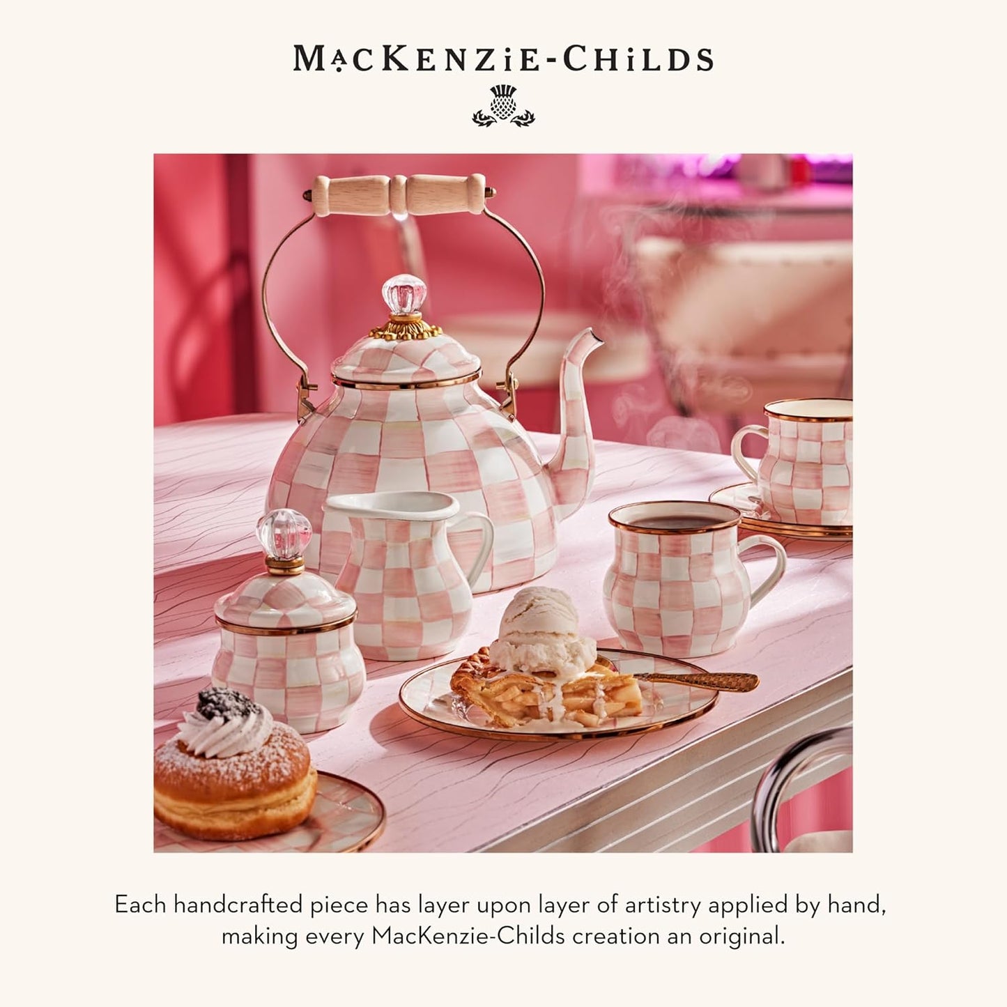 MACKENZIE-CHILDS Enamel Lidded Sugar Bowl, Small Serving Bowl with Lid, 10-Ounce Capacity, Pink-and-White Rosy Check