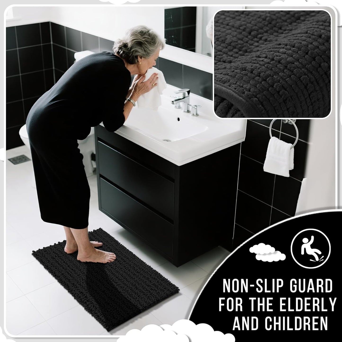 Yimobra Bathroom Runner Rug 55x24 Inch - Extra Long Non Slip Chenille Bath Mat, Soft & Absorbent, Machine Washable Shaggy Hallway Carpet for Vanity Tub Shower, Black Home Decor Accessories