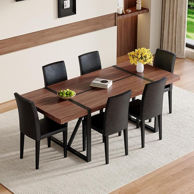86.6" Dining Table Set for 6, Modern 7 Piece Wood Kitchen Table and Chairs Set, Rectangle Dining Room Table with 6 PU Leather Upholstered Chairs, Ideal for Apartment, Kitchen, Dining Room