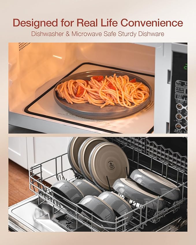 Famiware Milkyway Stoneware Dinnerware Sets with Mugs, Service for 4 (16pcs), Plates and Bowls Sets, Scratch Resistant, Microwave and Dishwasher Safe Dishes Set, Dark Gray