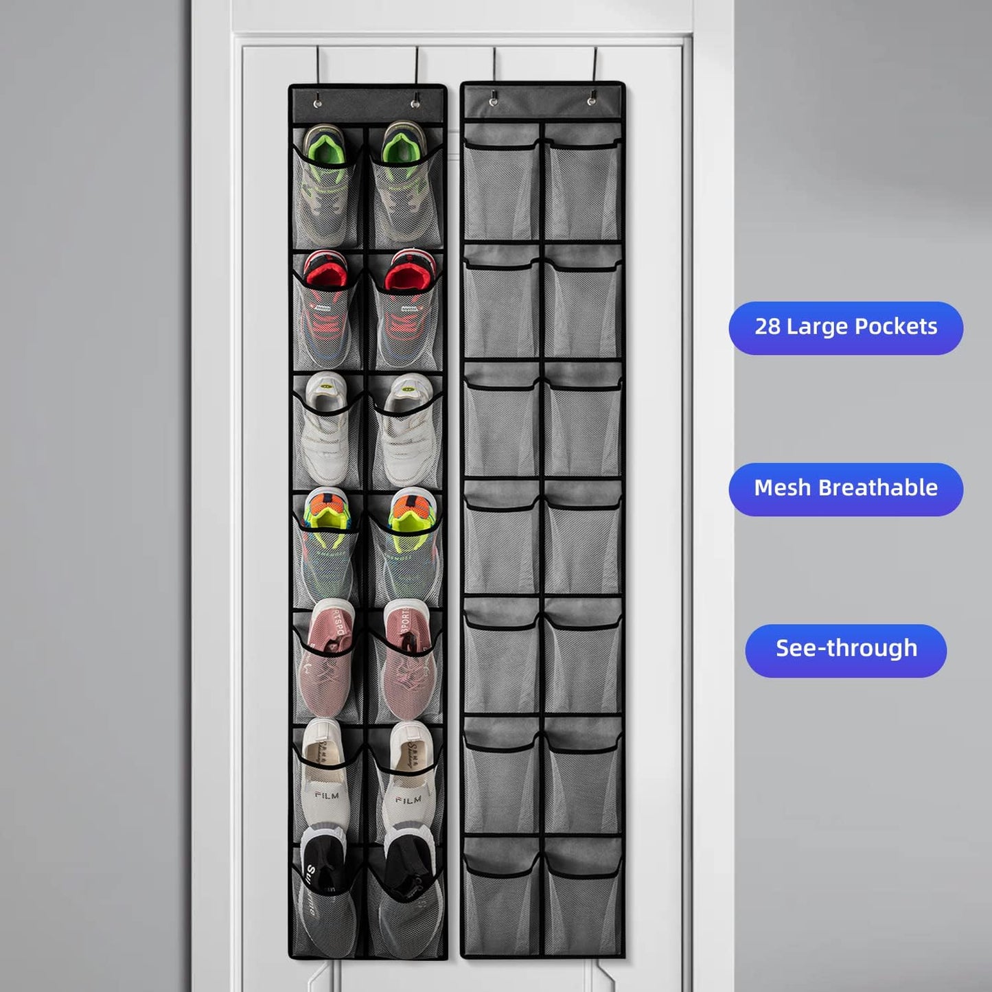 KEEPJOY Over the Door Shoe Organizer, Hanging Shoe Organizer with 4 Hooks,Door Shoe Holder with 14 Mesh Deep Pockets Closet Door Shoe Storage Bag (Grey-2Pack)