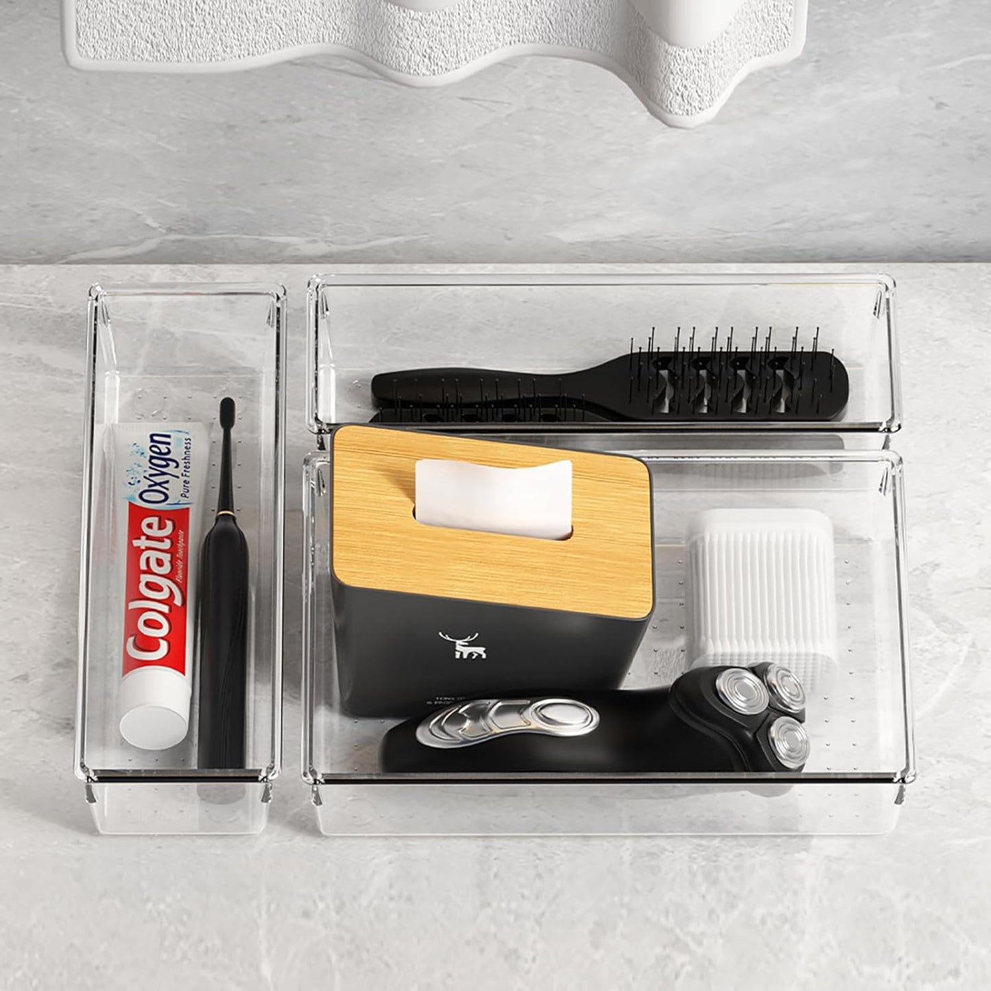 Criusia 26 Pack Large Clear Plastic Drawer Organizer Bins -5 Size Heavy Duty Acrylic Kitchen Drawer Organizers and Storage for Utensils -Bathroom Drawer Organizer Trays for Makeup Office Organization