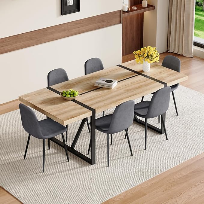 86.6" Dining Table Set for 6, Modern 7 Piece Wood Kitchen Table and Chairs Set, Rectangle Dining Room Table with 6 Linen Fabric Upholstered Chairs, Ideal for Apartment, Kitchen, Dining Room