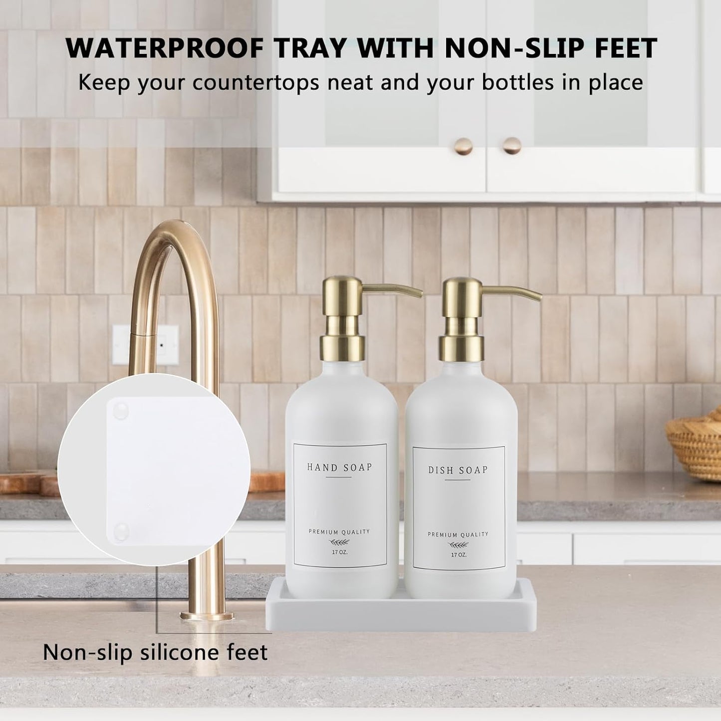 Thick Glass Soap Dispenser - Kitchen Dish Hand Soap Dispenser Set,Rustproof Pump Soap Lotion Dispenser Bathroom with Tray,14 Stickers for Kitchen Decor White Bottle/Gold Pump