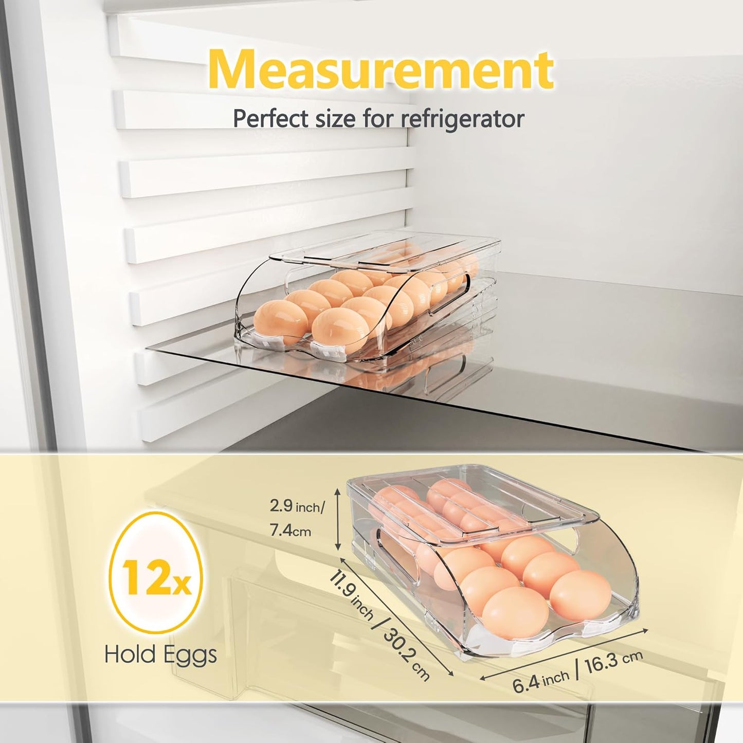 Egg Holder for Fridge, Automatic Steady Rolling Egg Container with Soft Bumpers & Handle for Refrigerator, Stackable Fridge Organizers and Storage with Lid