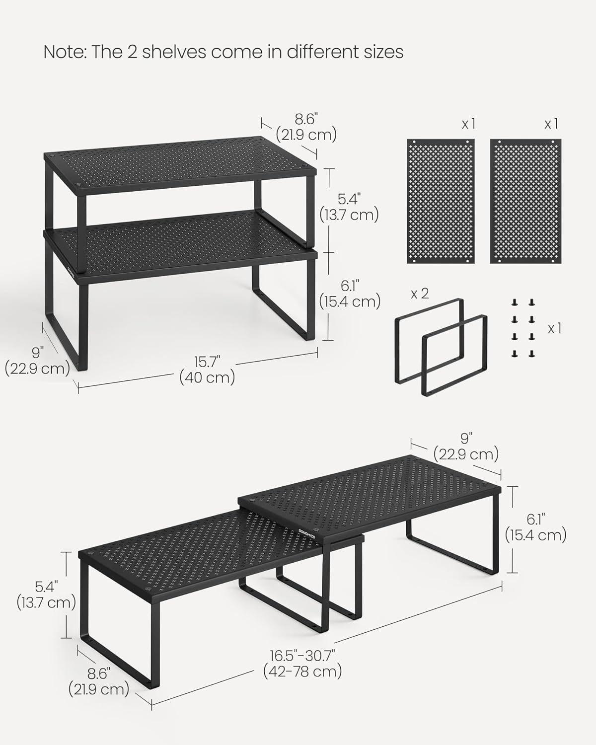SONGMICS Spice Racks, Set of 2 Metal Cabinet Shelf Organizers, Countertop Organizers, Shelf Risers, Stackable, Expandable, Ink Black UKCS401B01