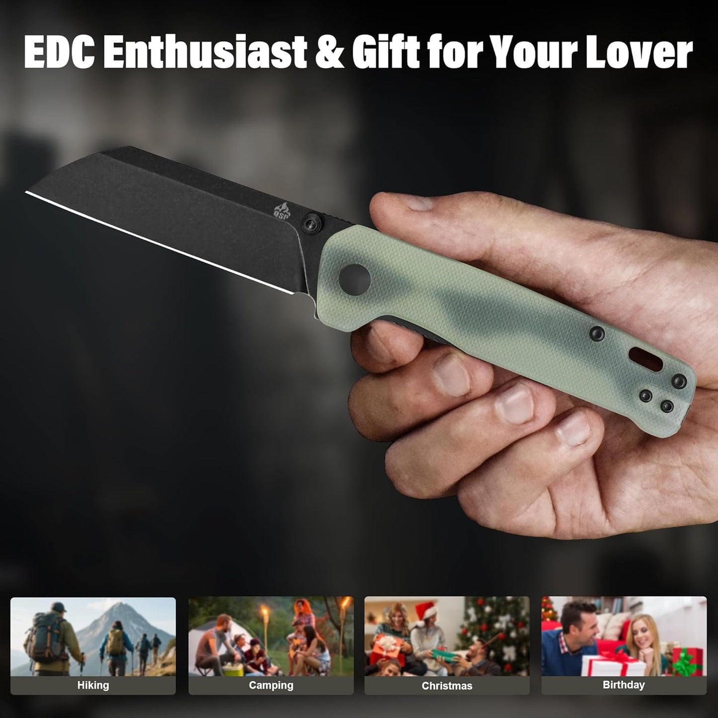 QSP Penguin V2 Folding Pocket Knife, 3.06" D2 Black Stonewash Blade EDC Knife, Jade G10 Handle, Liner Lock, Ceramic Ball Bearings, Reversible SS Deep Carry Clip