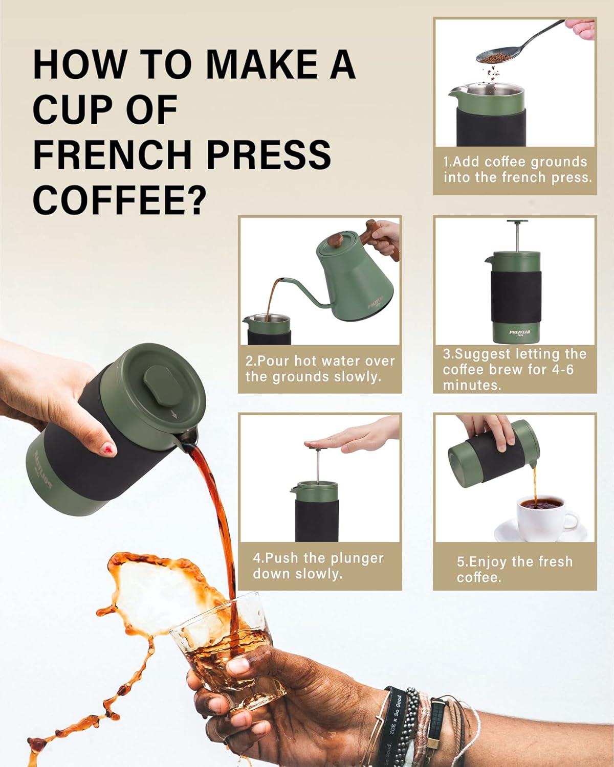 POLIVIAR French Press Coffee Maker, 12 oz Portable French Press with Mini Canister and Collection Bag, Double Wall Insulation & Dual- Filter Screen, Food Grade Stainless Steel for Coffee