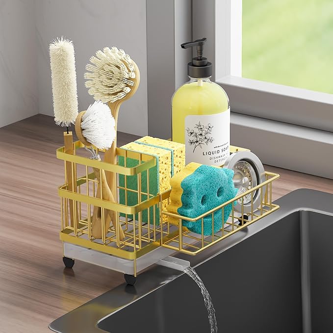Consuemst Sponge Holder for Kitchen Sink - Auto Draining Sink Caddy Organizer with Detachable Rack, High Brush Holder, Kitchen Countertop Storage Accessories, Gold