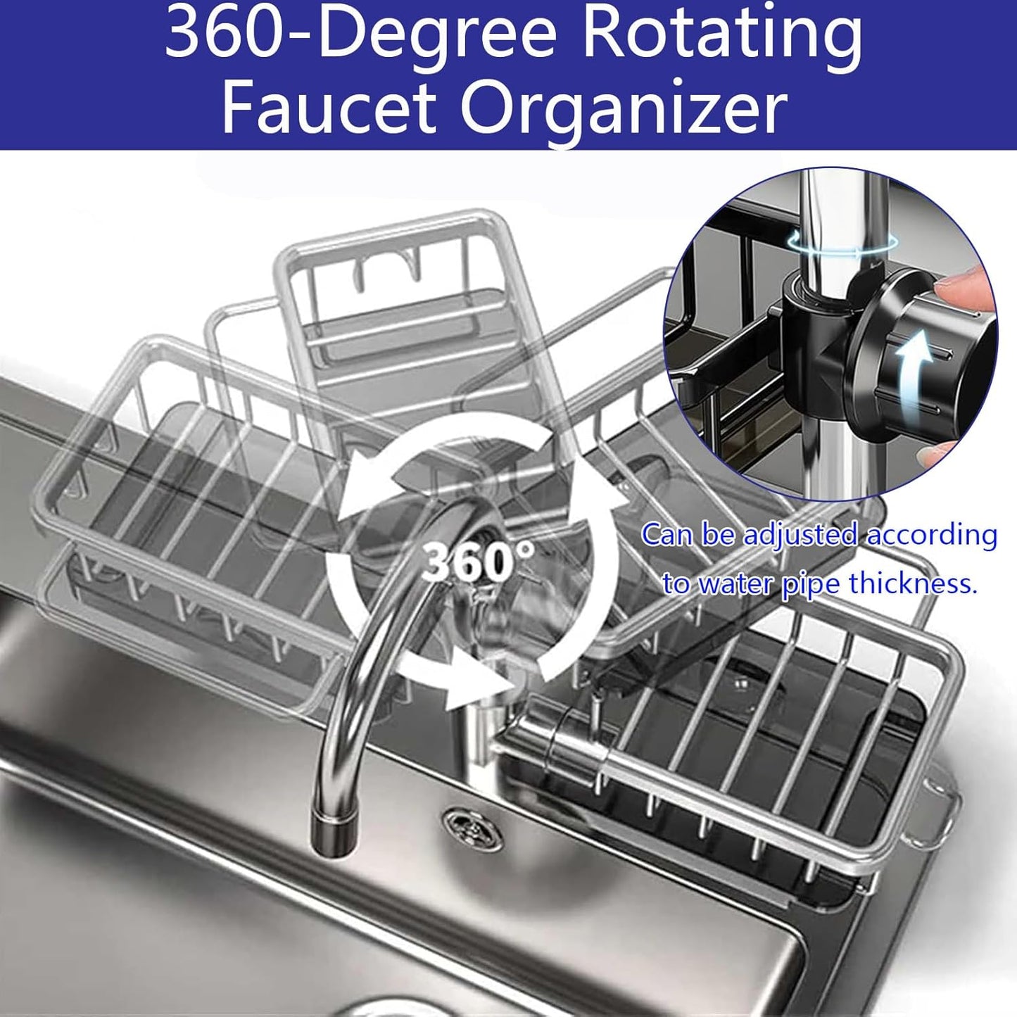 Kitchen Sink Faucet Organizer Multifunction Sponge Holder Organizer Sink Drain Holder Over Faucet Kitchen Sink Caddy with Hook Adjustable for 0.7-1.1inch Round Water Pipe (Silver, B)