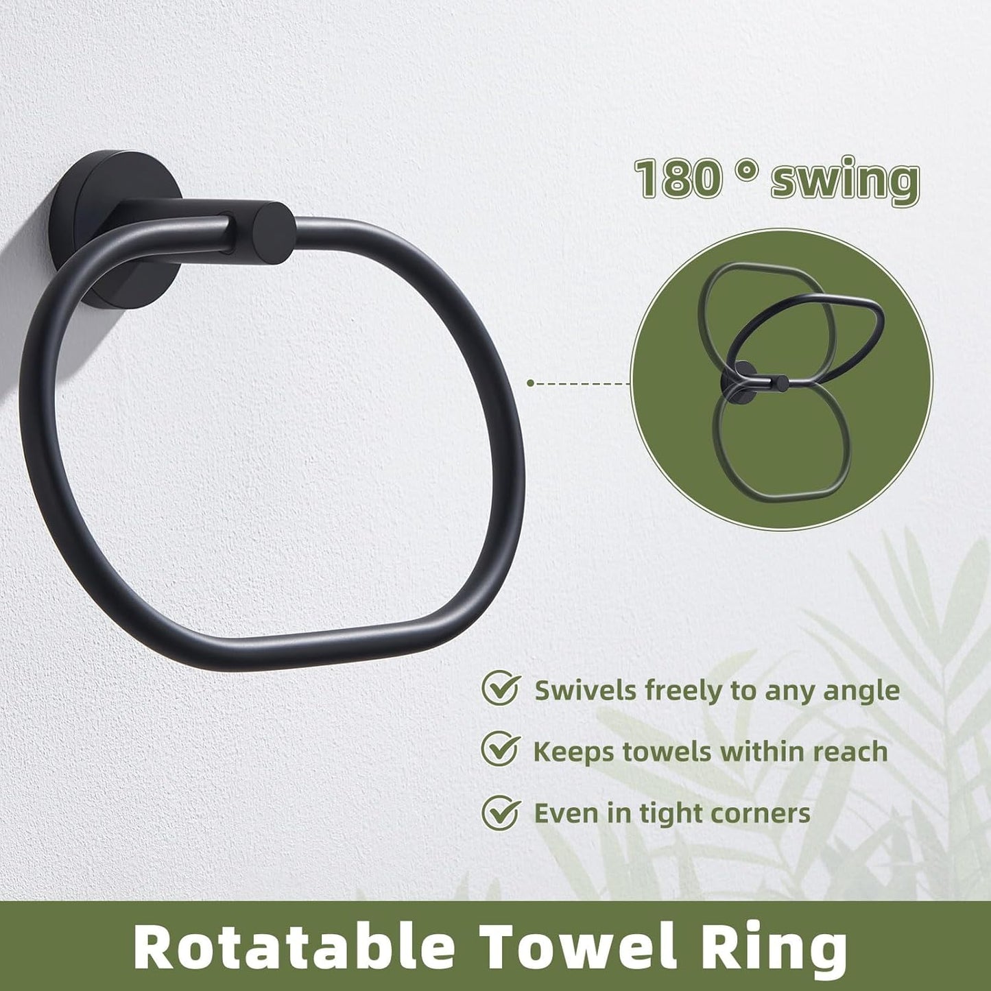 APLusee Matte Black Towel Ring, Stainless Steel Oval Hand Towel Holder for Bathroom Kitchen, Wall Mounted