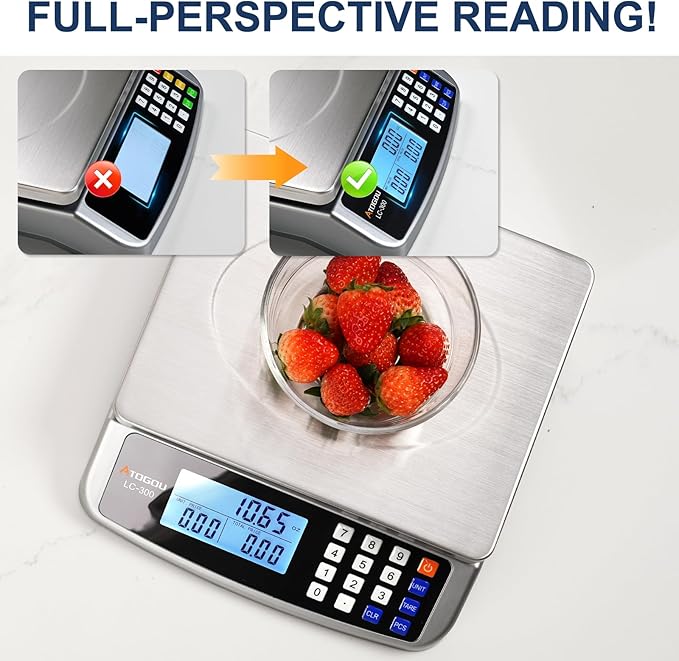 110lb Food Scale, Commercial Kitchen Scale with Price Computing, Plug-in Usable, 0.05oz/1g, 304 Stainless Steel, for Cooking, Vegetables, Farm, Industry, Counting. LC300 Grey
