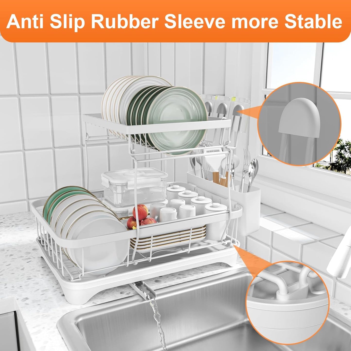 Dish Drying Rack - Auto Draining Dish Rack for Kitchen Counter, Large Capacity Dish Drainers Organizer with Drainboard, 2-Tier Drying Rack with Utensil Holder White