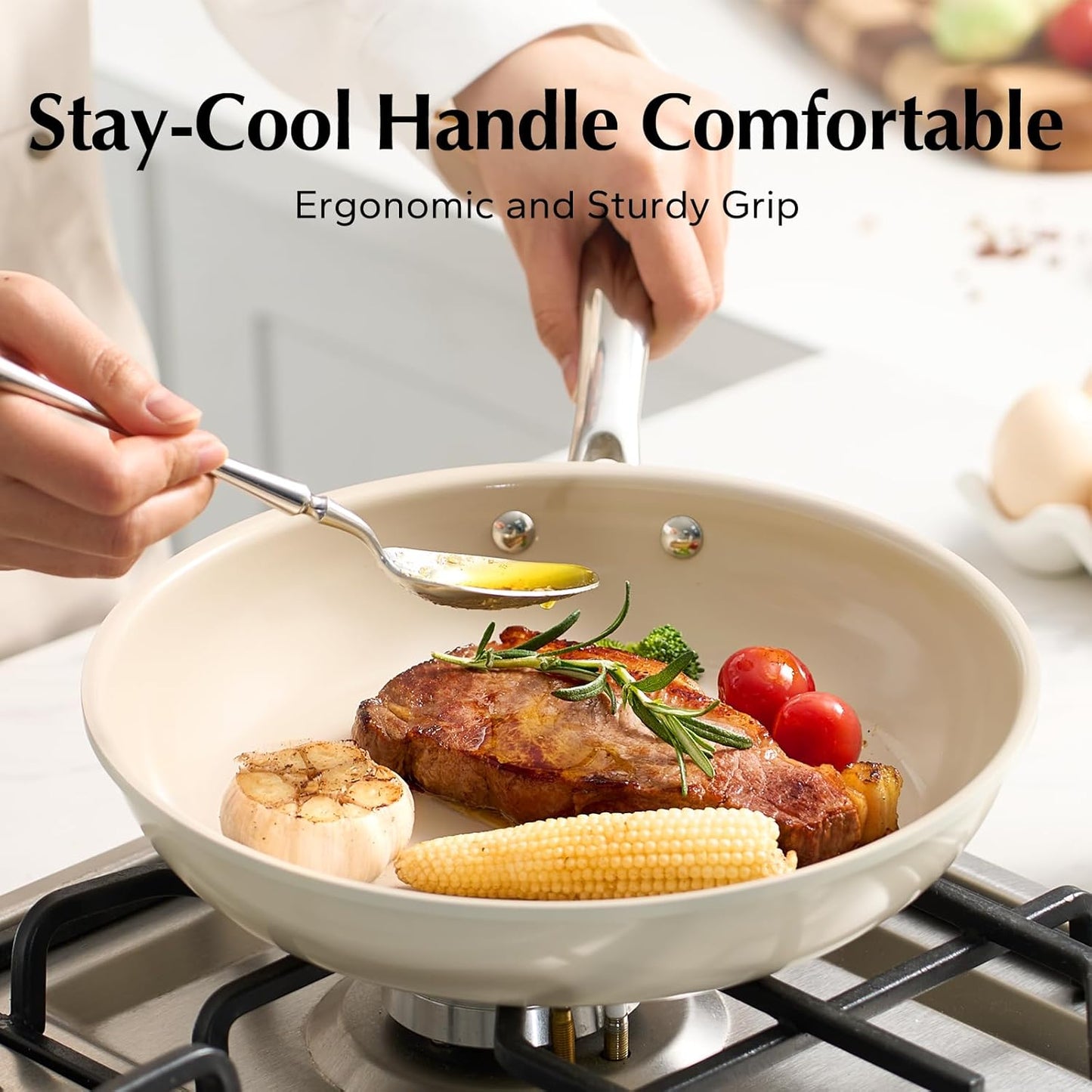 Redchef Ceramic Non Stick Egg Pans, Nonstick Frying Pan Skillet, 8 inch Cooking Pan Non Toxic with Stay Cool Handle for Induction, PTFE & PFAS & PFOA Free, Dishwasher/Oven Safe (Beige White)