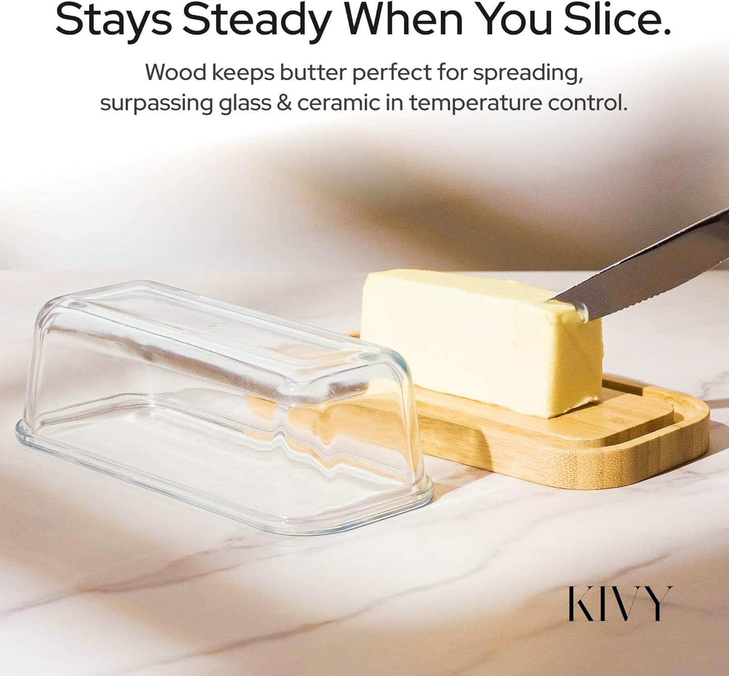 KIVY Glass butter dish with airtight lid that keeps butter soft - For countertop and refrigerator door shelf - Butter tray fridge - Butter holder for counter - Covered butter dishes with lid