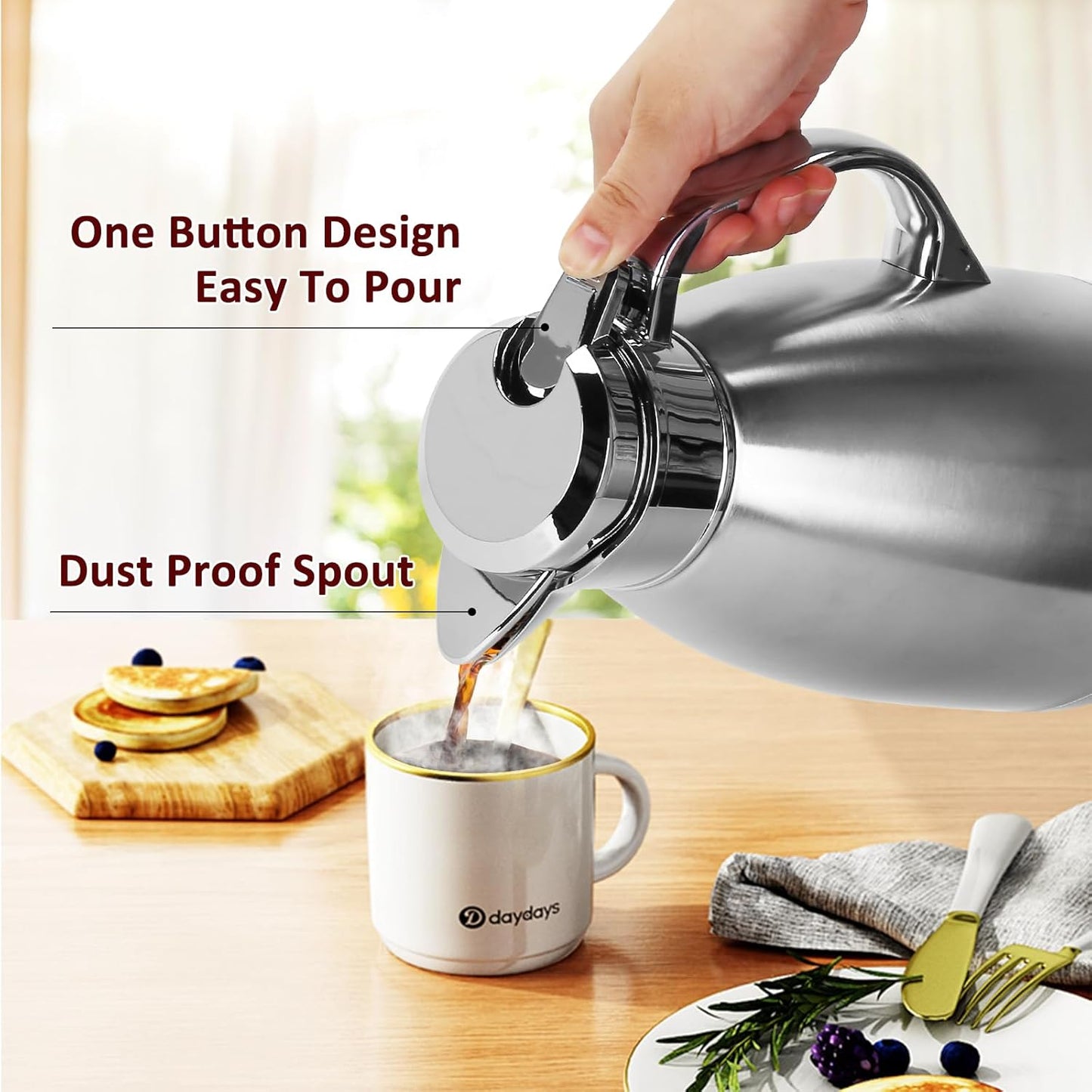 Coffee Carafes for Keeping Hot, ShineMe Stainless Steel Thermal Coffee Carafe with Cleaning Brush, Double Walled Vacuum Coffee Pot,61oz Insulated Tea & Coffee Dispenser, Long Heat/Cold Retention