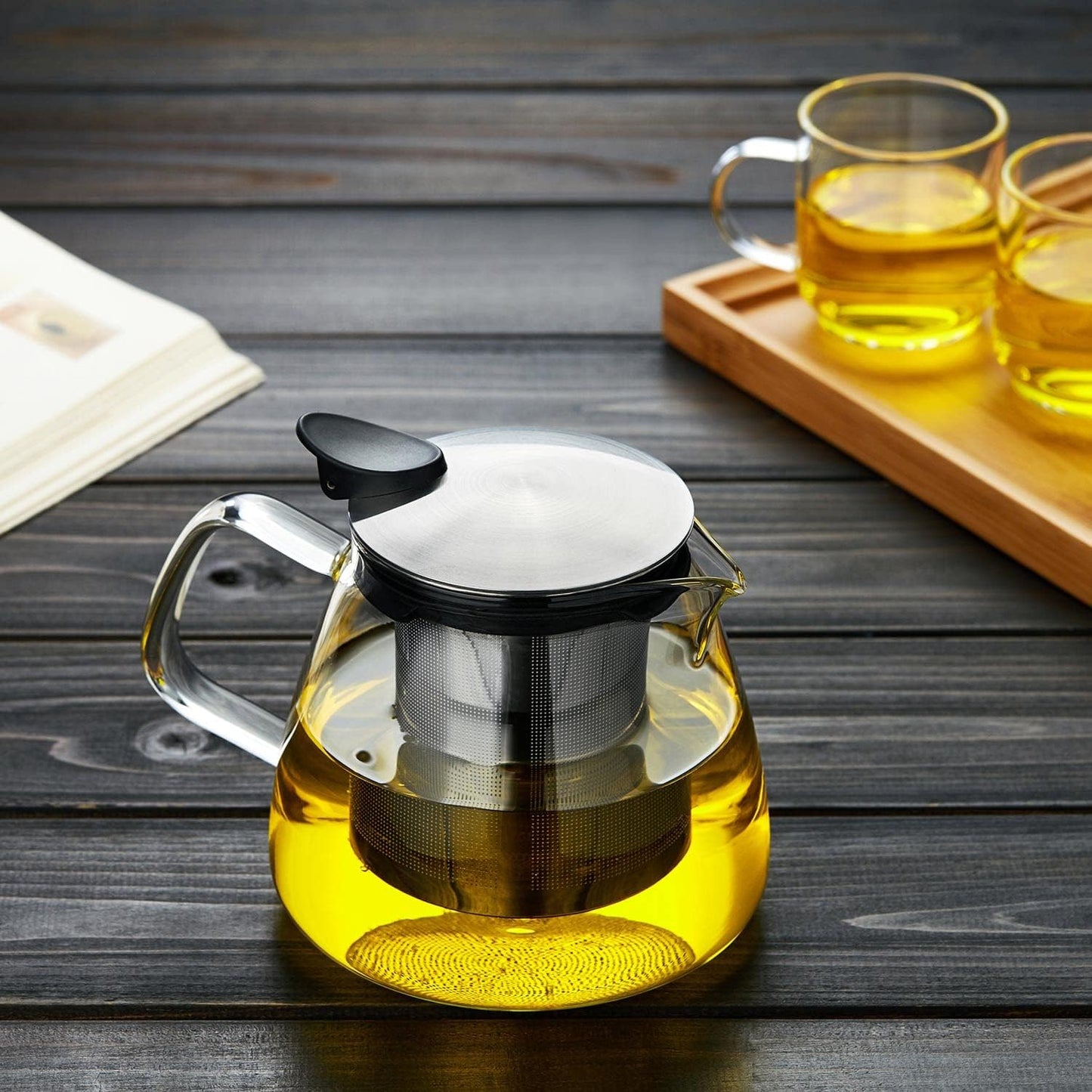 Glass Teapot Tea Pot with Removable Stainless Steel Infuser, 25oz / 760ml Borosilicate Glass Tea Kettle for Office Work, Fine Strainer for Loose Leaf Tea