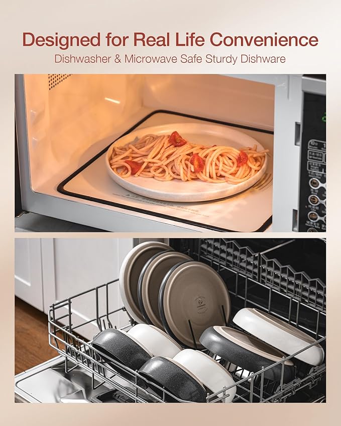 Famiware Milkyway Plates and Bowls Sets, 12 Pieces Dinnerware Sets, Reactive Glaze Dish Set, Stoneware Dishes Set for 4, Matte Beige White & Matte Dark Charcoal