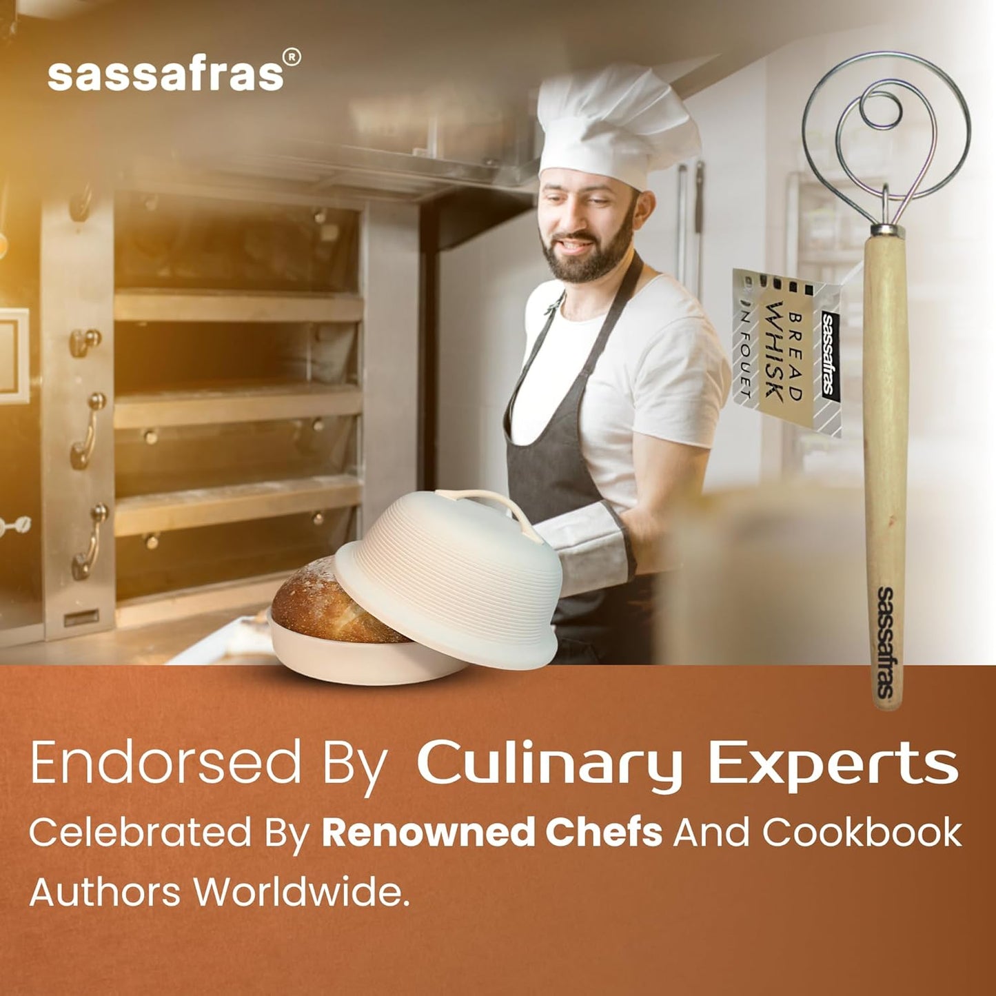 Sassafras Superstone Stoneware La Cloche Bread Baker, Unglazed, Baking Stone for Bread, Capacity 5QT 12”D x7”H with handle, Withstands Temperature 500-2100 Fahrenheit (Bisque + Bread Whisk)