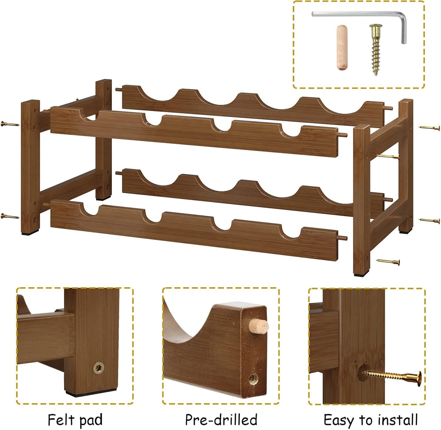 BAMEOS Bamboo Wine Rack, 2 Tier Wine Racks Countertop Storage, Wine Bottle Holder Wine Rack freestanding Floor for Kitchen, Bar, Pantry, Wine Cellar, Basement,Study,Maroon (16.85 L x 9.25W x 7H)