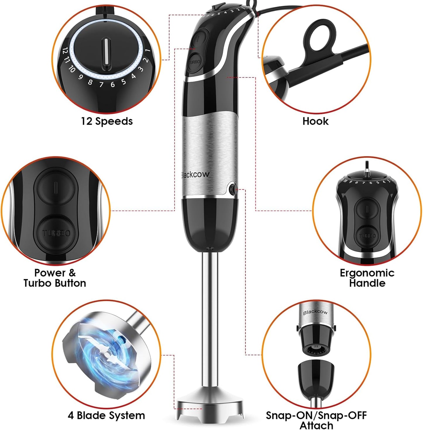 Immersion Blender Handheld for Kitchen,Emulsion Blender Handheld,12 Speed Electric Hand Mixer with BPA Free Attachments:Chopper Bowl,Whisk,Milk Frother,Measuring Cup