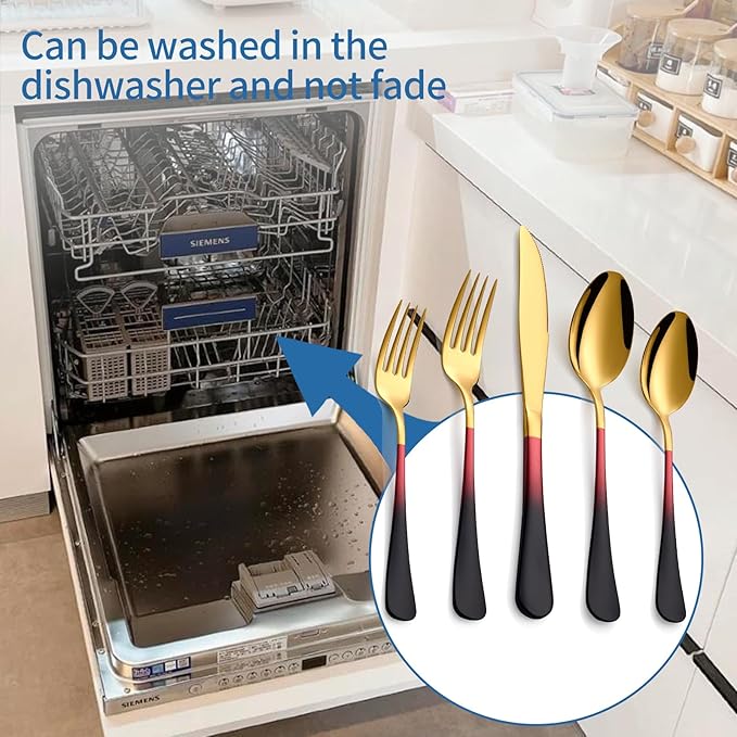 20-Piece Black Red Gold Silverware Set, 18/0 Stainless Steel Colorful Handle Flatware Set,Service for 4,Modern Cutlery Set Includes Dinner Knives Forks Spoons,Mirror Polished,Dishwasher Safe