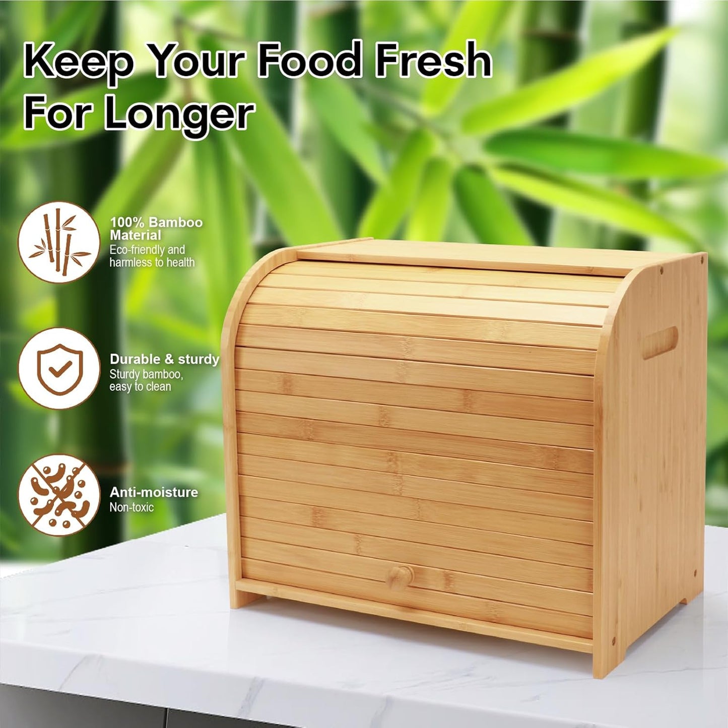 Bread Box for Kitchen Countertop, Double Layer Bamboo Bread Storage Container for Homemade Bread, Roll Top Bread Box with 3 Adjustable Height for Kitchen Counter, Natural Breadbox Organizer