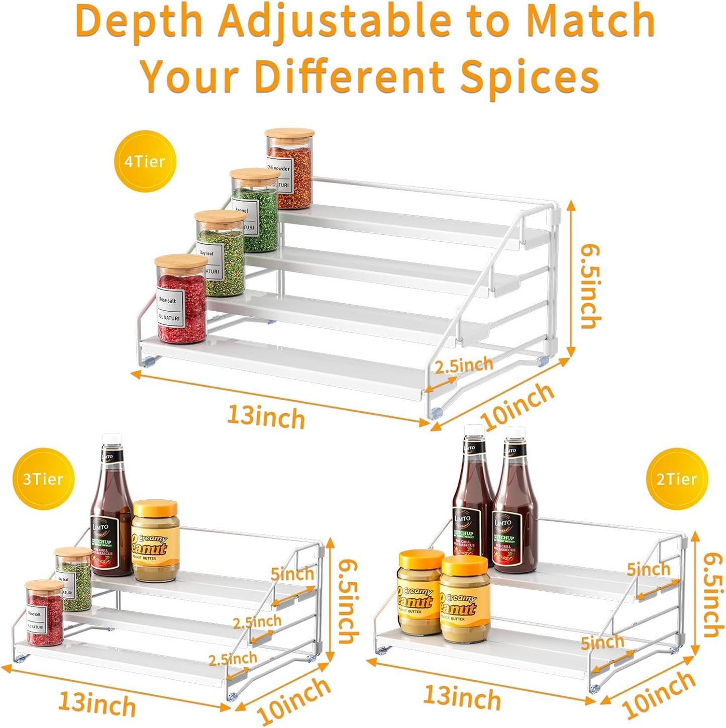 RCHYFEED Spice Rack Organizer for Cabinet, 4 Tier Spice Organization for Cabinet Depth Adjustable,Tierd Spice Rack Seasoning Organizer for Kitchen Countertop Pantry, Metal(1 Pack)