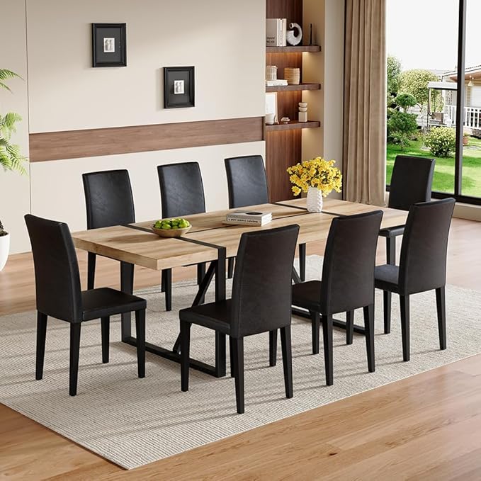 86.6" Dining Table Set for 8, Modern 9 Piece Wood Kitchen Table and Chairs Set, Rectangle Dining Room Table with 8 PU Leather Upholstered Chairs, Ideal for Home, Kitchen, or Apartment Dining