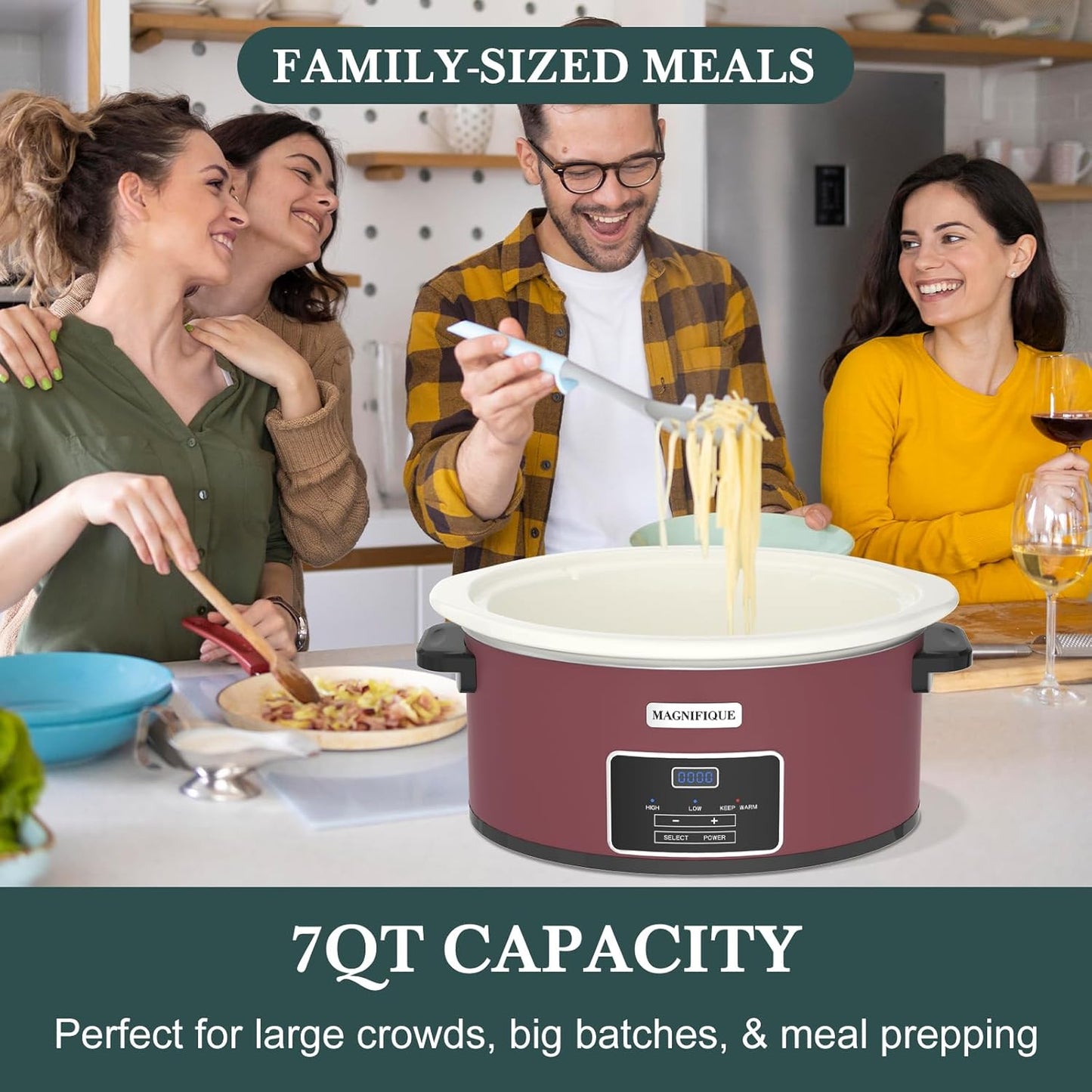 7-Quart Programmable Slow Cooker with Timer Keep Warm - Small Kitchen Appliance for Family Dinners - Serves 6+ People (Red Shell + White Ceramic Liner)