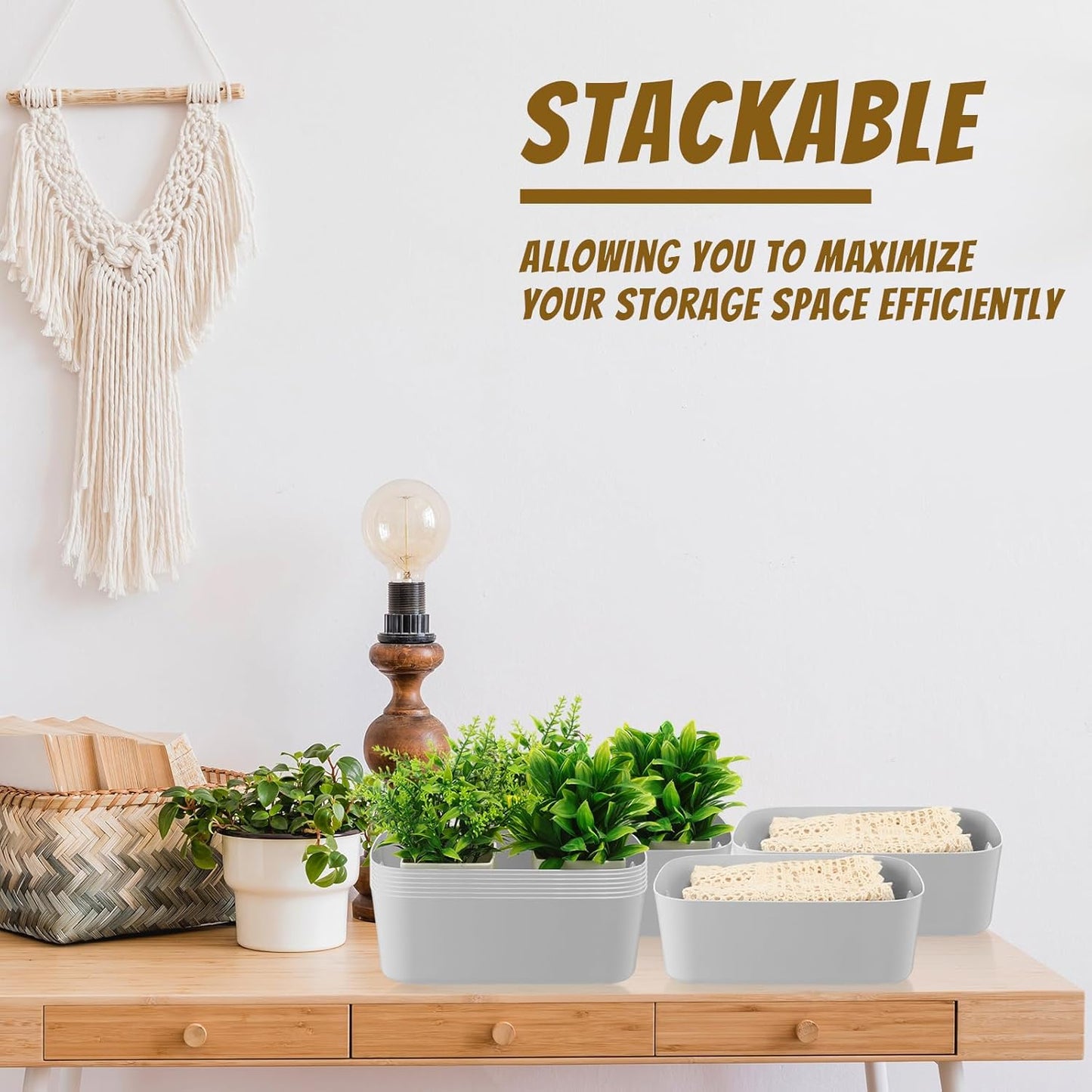 Zopeal Plastic Storage Bins 10 Pcs Gray Pantry Organizer Bins Small Baskets Storage Containers for Home Kitchen (8 x 5.7 x 3 Inch)