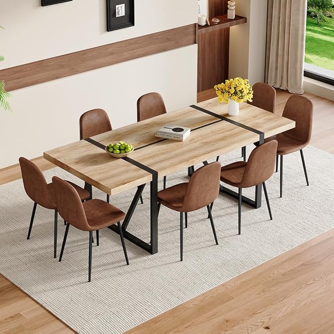 86.6" Dining Table Set for 8, Modern 9 Piece Wood Kitchen Table and Chairs Set, Rectangle Dining Room Table with 8 Suede Upholstered Chairs, Ideal for Home, Kitchen, or Apartment Dining