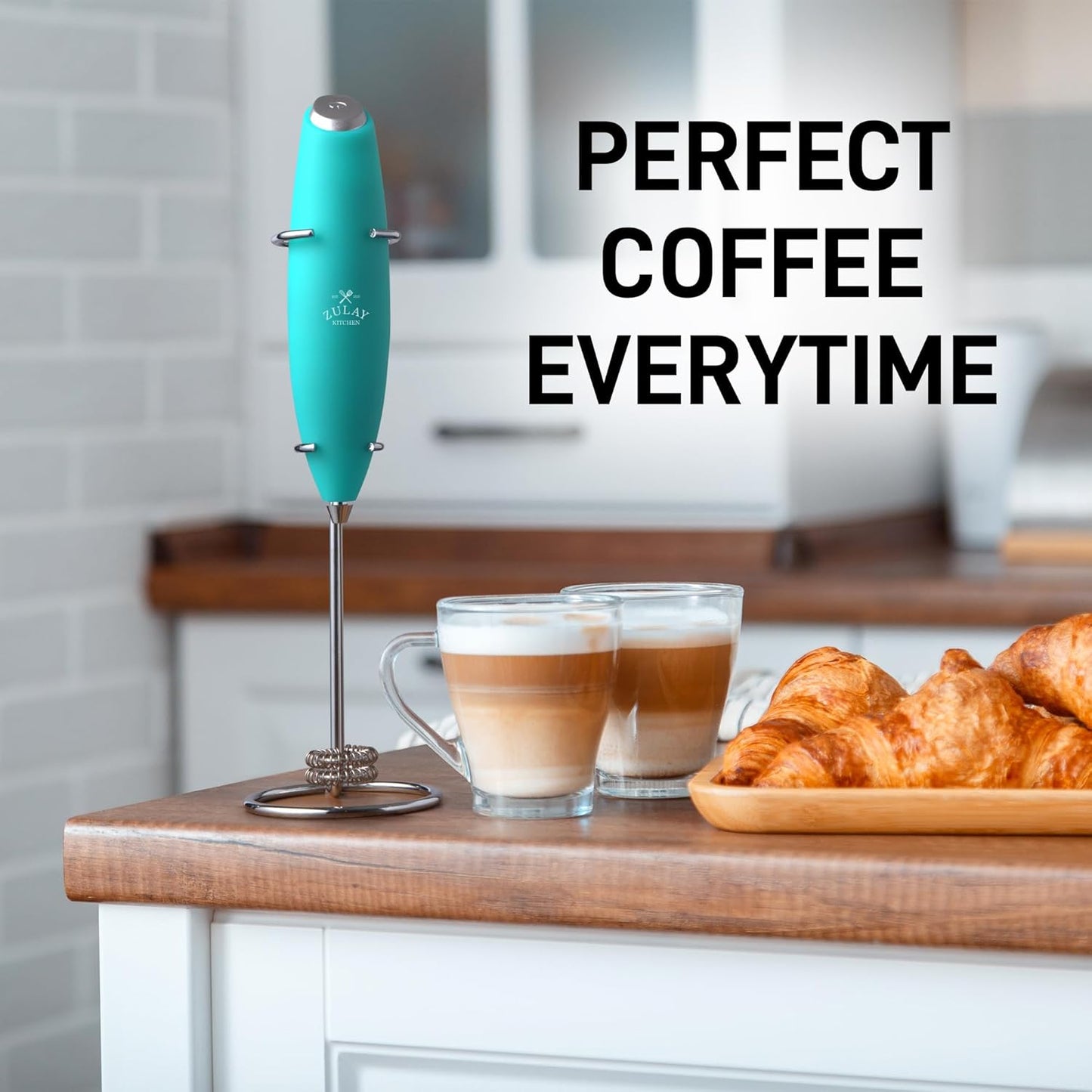 Zulay Kitchen Powerful Double Whisk Milk Frother Handheld - Foam Maker With Stand - Whisk Drink Mixer for Coffee, Mini Foamer for Latte, Matcha, Frappe, Hot Chocolate & Cappuccino (Caribbean Aqua)