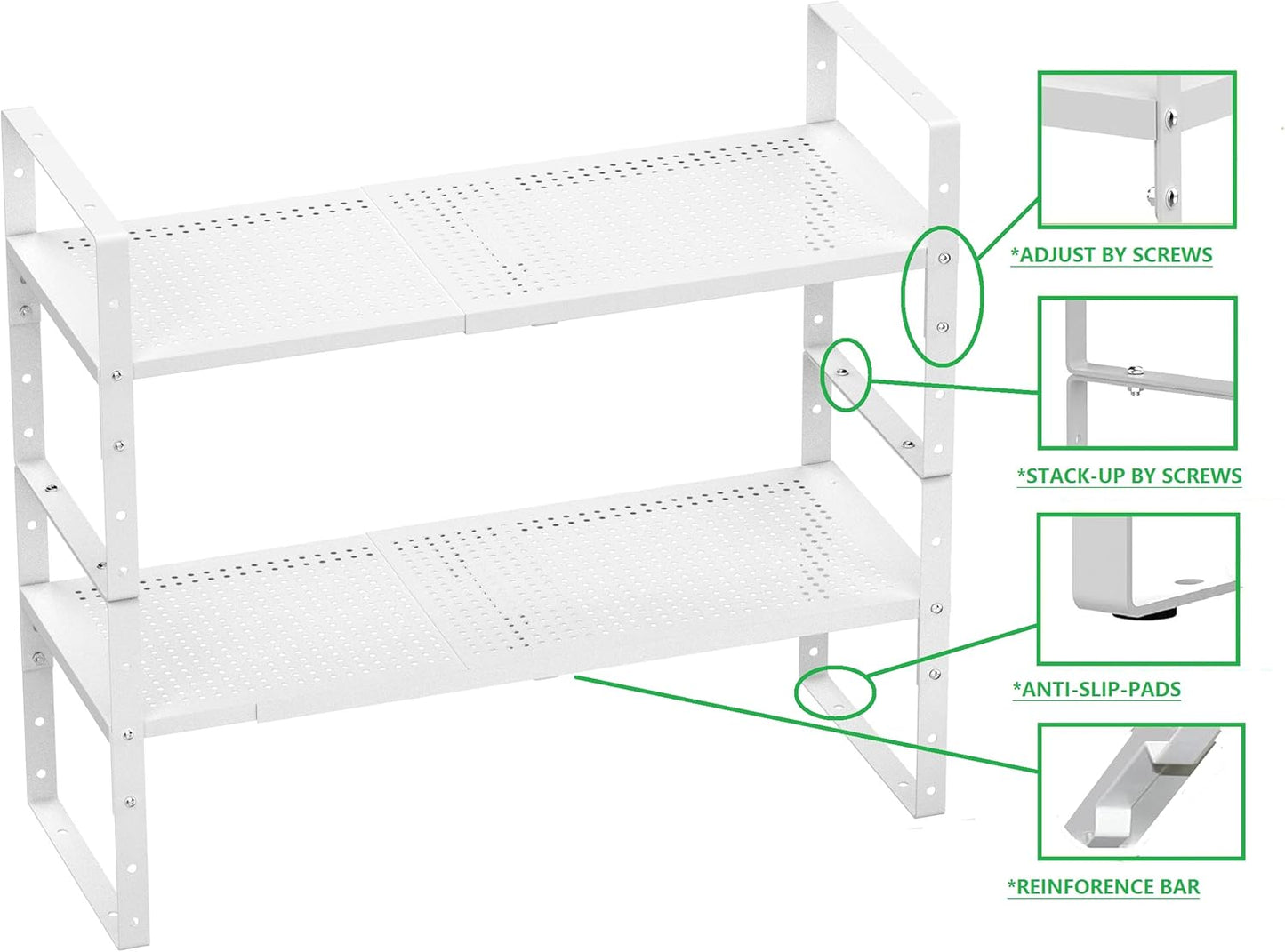 Expandable Shoe Rack Stackable Metal Pantry Storage Shelves Stand Adjustable Height Cabinet Shelf Organizer Racks Spice Shelving(2PACKS/WHITE,MEDIUM)