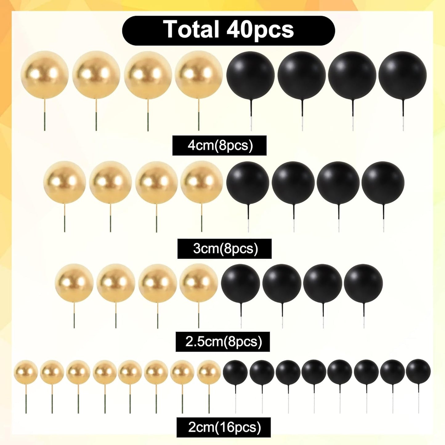 BEISHIDA 40 Pcs Ball Cake Toppers Mini Balls Cake Decorations Black Gold Foam Balls Sticks DIY Cake Topper for Baking Congrats Grade 2025 Graduation Birthday Retirement Party Decorations (Black Gold)