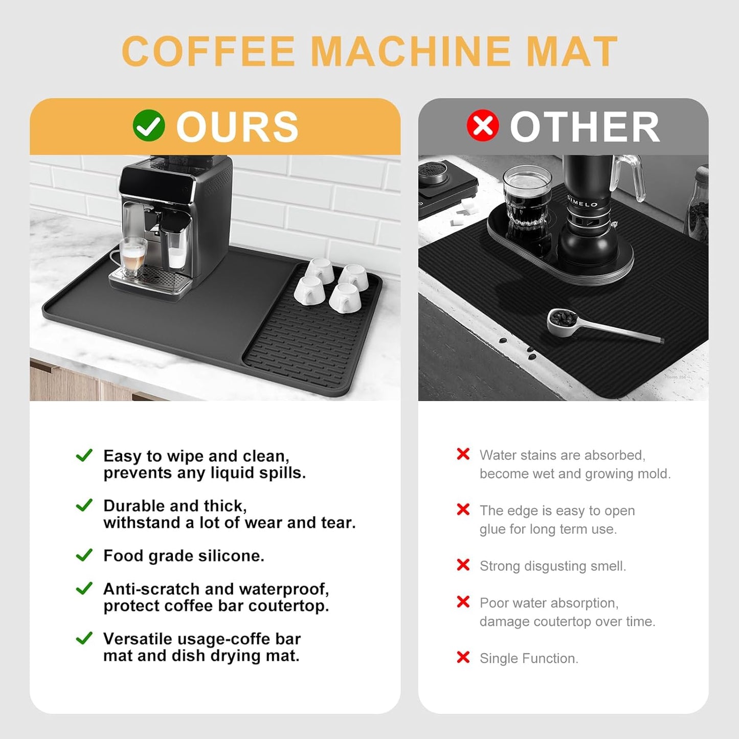 Silicone Coffee Mat, 24''x16'' Bar Mat with Detachable Dish Drying Mat - Fits Under Coffee Maker & Dish Rack