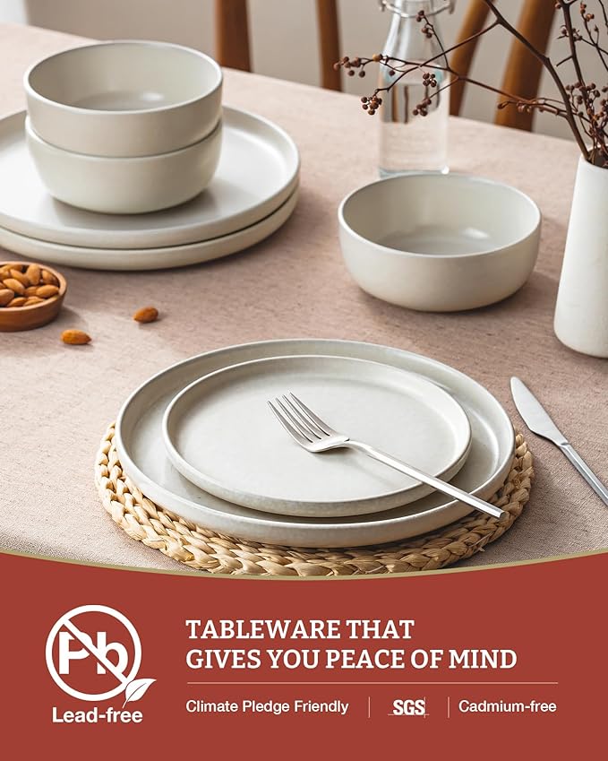 Famiware Milkyway Stoneware Dinnerware Sets with Pasta Bowls, Service for 4 (16 Pieces), Reactive Glaze Plates and Bowls Sets, Microwave and Dishwasher Safe Dishes Set, Matte Beige White