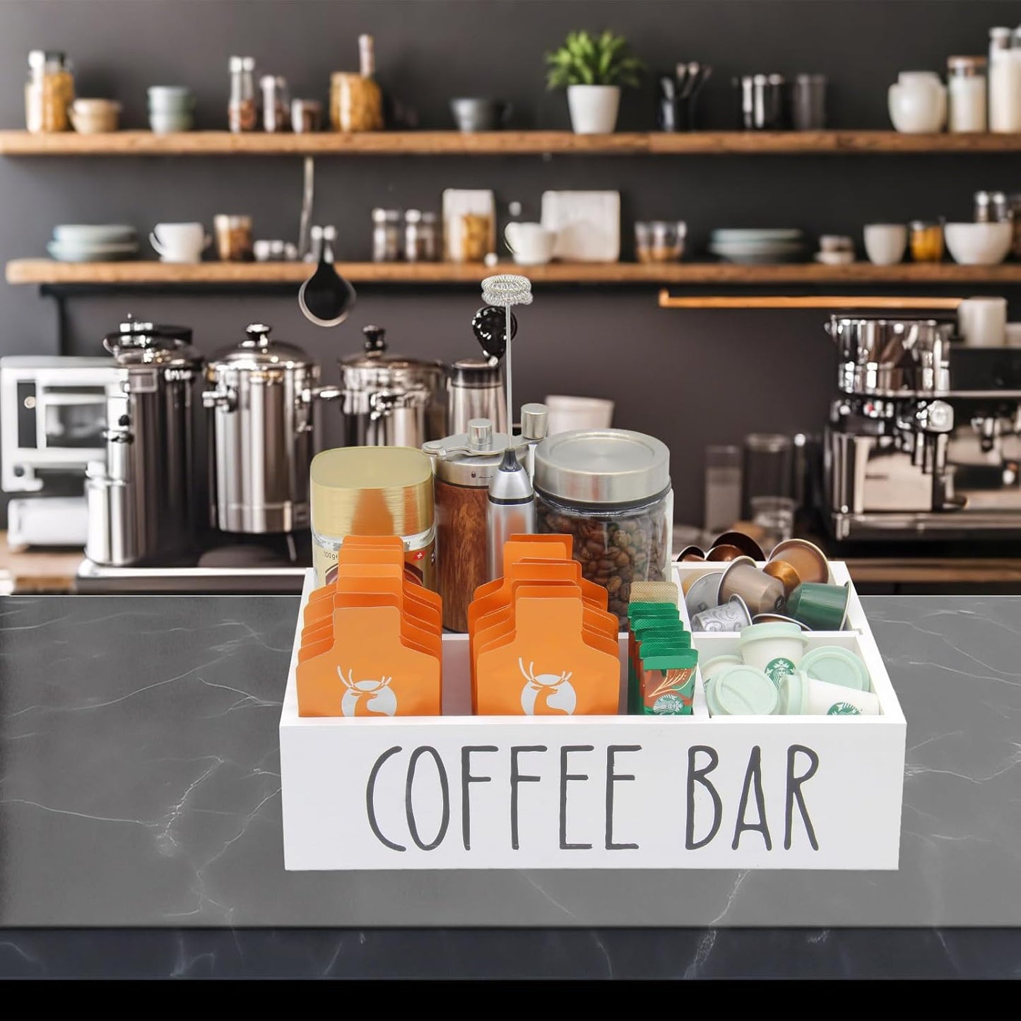 Coffee Station Organizer with Removable Dividers Disposable Cup Holder Wooden Countertop Organizer for Tea Condiment Accessories Storage Farmhouse Bar Decor Black (White)