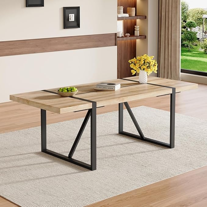 86.6" Light Wood Dining Table, Modern Large Rectangle Wood Table with Natural Wood Grain Finish, Sturdy Dining Room Table for 6-10 People, Ideal for Home, Apartment, or Office Use