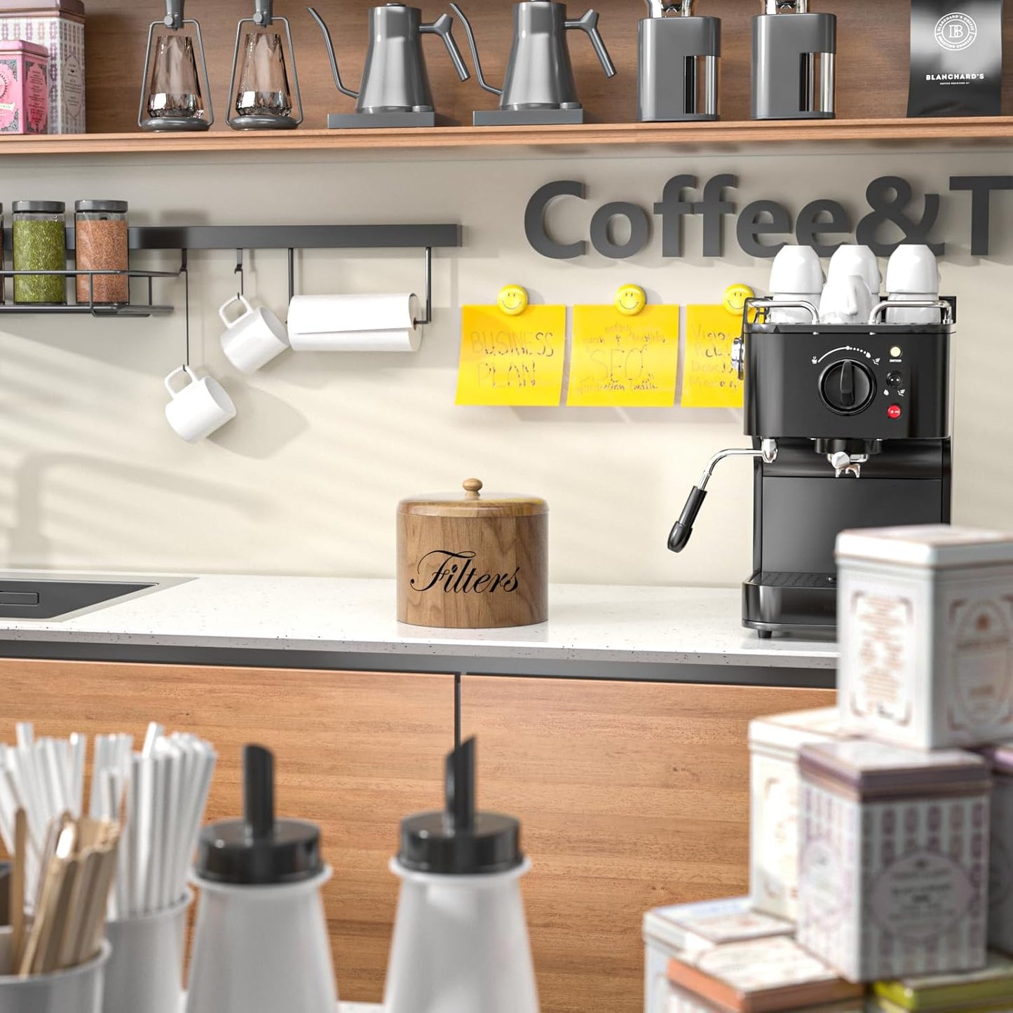 Coffee Filter Holder, Wooden Coffee Filter Storage with Lid, Round Coffee Filter Container for Counter, Rustic Coffee Bar Accessories Holder Decor (Natural)