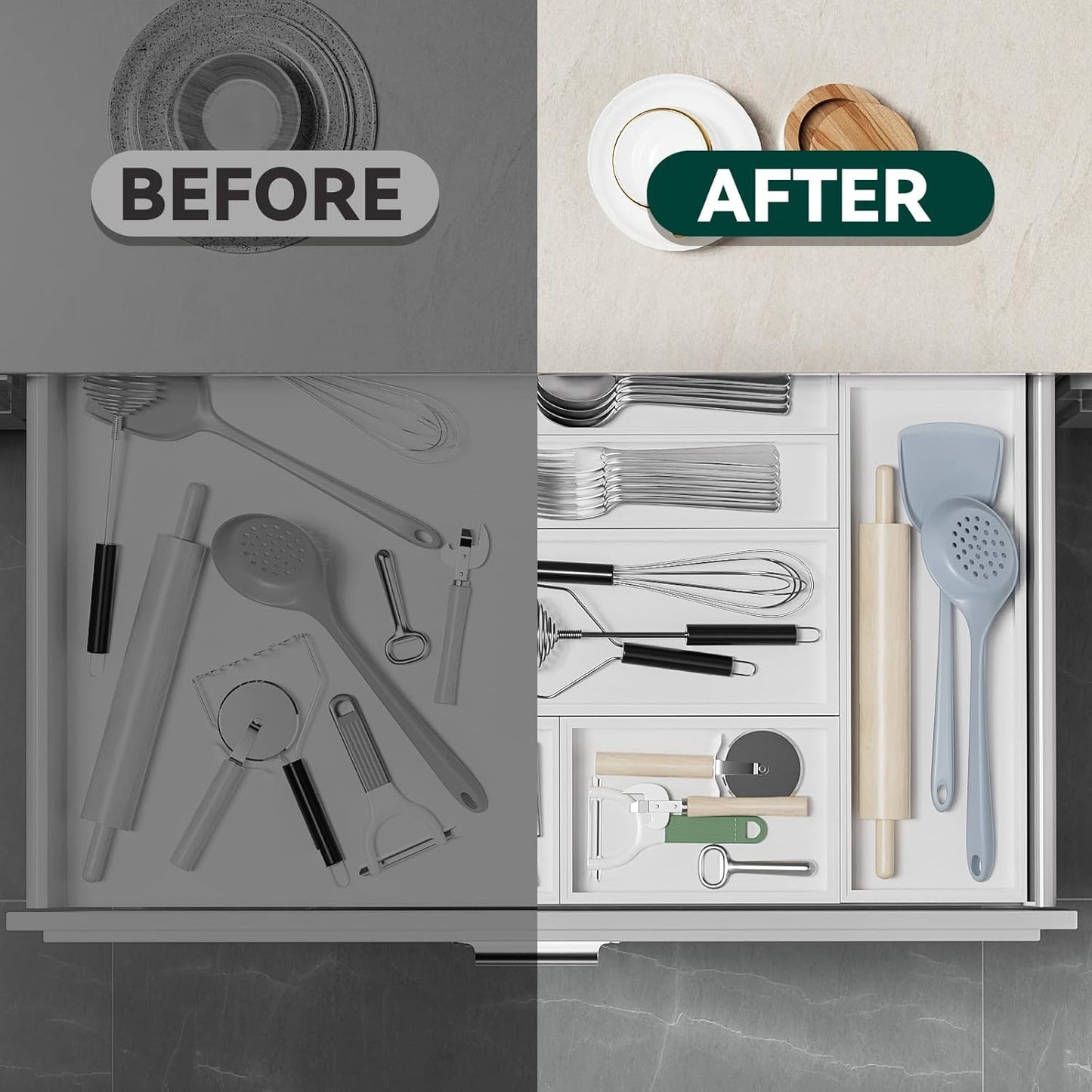 Utensil Organizer Silverware Drawer Organizer - Set of 2, Stackable Kitchen Organization, Bamboo Storage Box Tray for Kitchen Gadgets Bathroom Countertop (White)