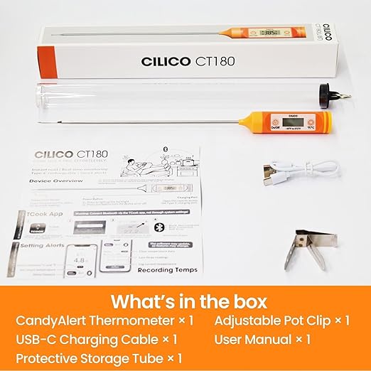 AI Bluetooth Candy & Meat Thermometer with 20+ Presets, Smart Alerts via App (Type-C Rechargeable) Digital Instant Reading for Candy Making, BBQ, Deep Frying, & Liquids, 8" Long Probe,CT180-BT