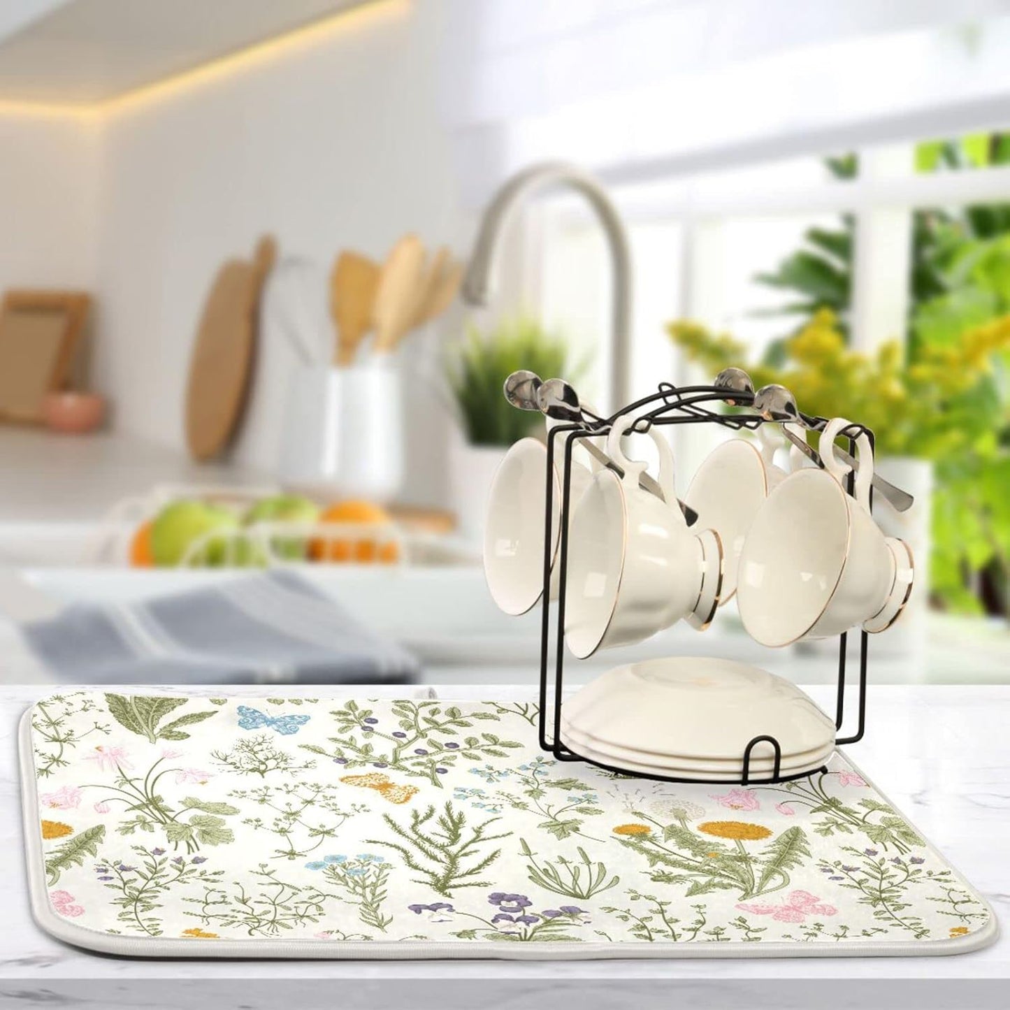 Herbs Flowers Botanical Butterfly Dish Drying Mat for Kitchen Counter Absorbent Microfiber Drying Pad, Large 18x24 in, Reversible Drainer Mats