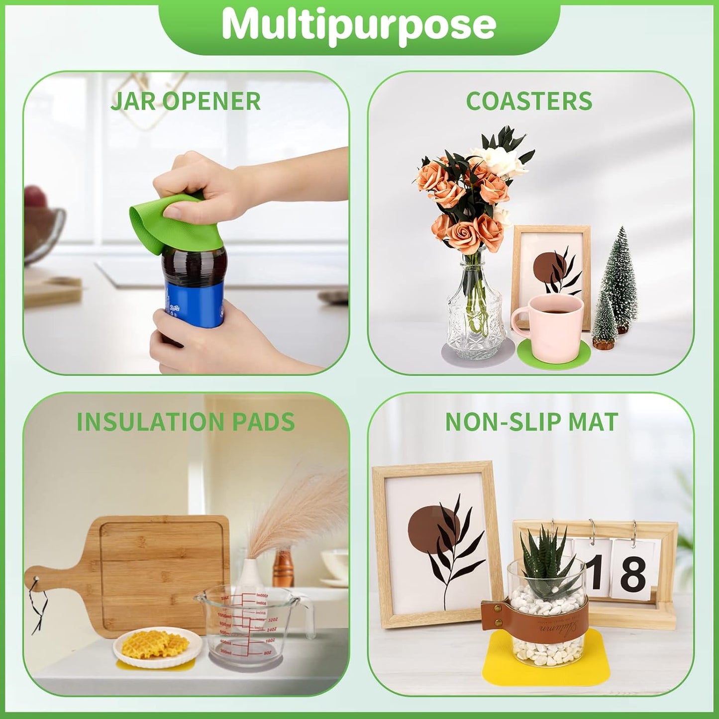 Leezmark 6pcs Jar Opener Gripper Pads, Rubber Jar Grippers Multi-function Jar Opener for Seniors with Arthritis Weak Hands Kitchen Coasters(Green, Blue)