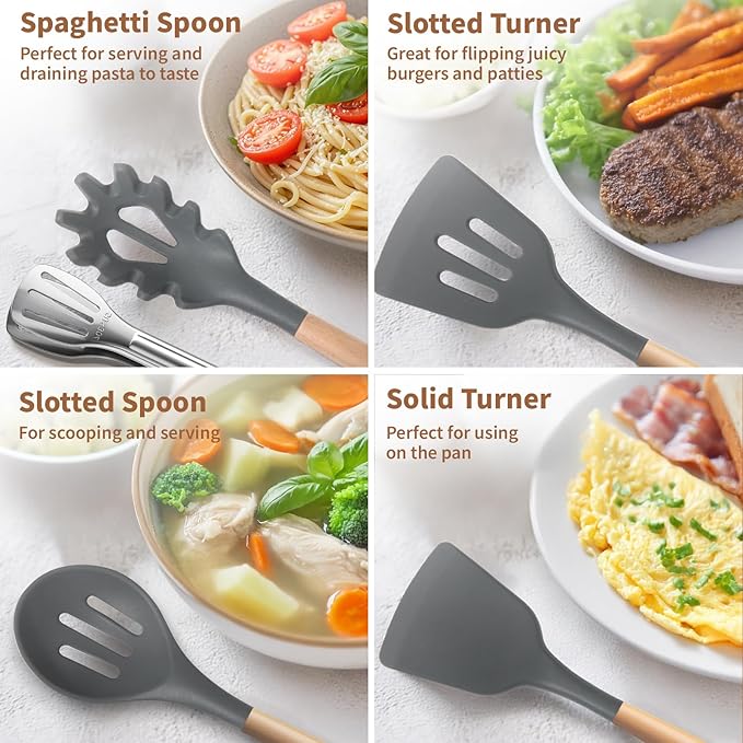 77L Silicone Cooking Utensils Set with Holder 32 PCS, Non-Stick Kitchen Cooking Utensils Set, Spatula, Turner, Tongs, Spatula, Spoon, Wooden Handle Kitchen Gadgets Utensil Set, Dishwasher Safe