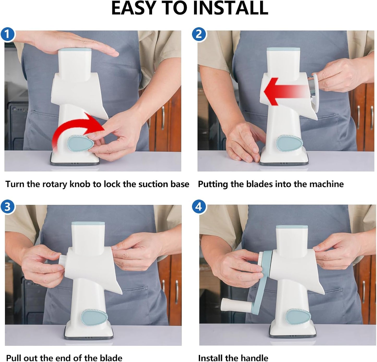 Cheese Grater Hand Crank Rotary Vegetables Shredder with Handle, 3-in-1 Graters with Interchangeable Blades and Strong Suction Base Multifunctional Slicer for Kitchen