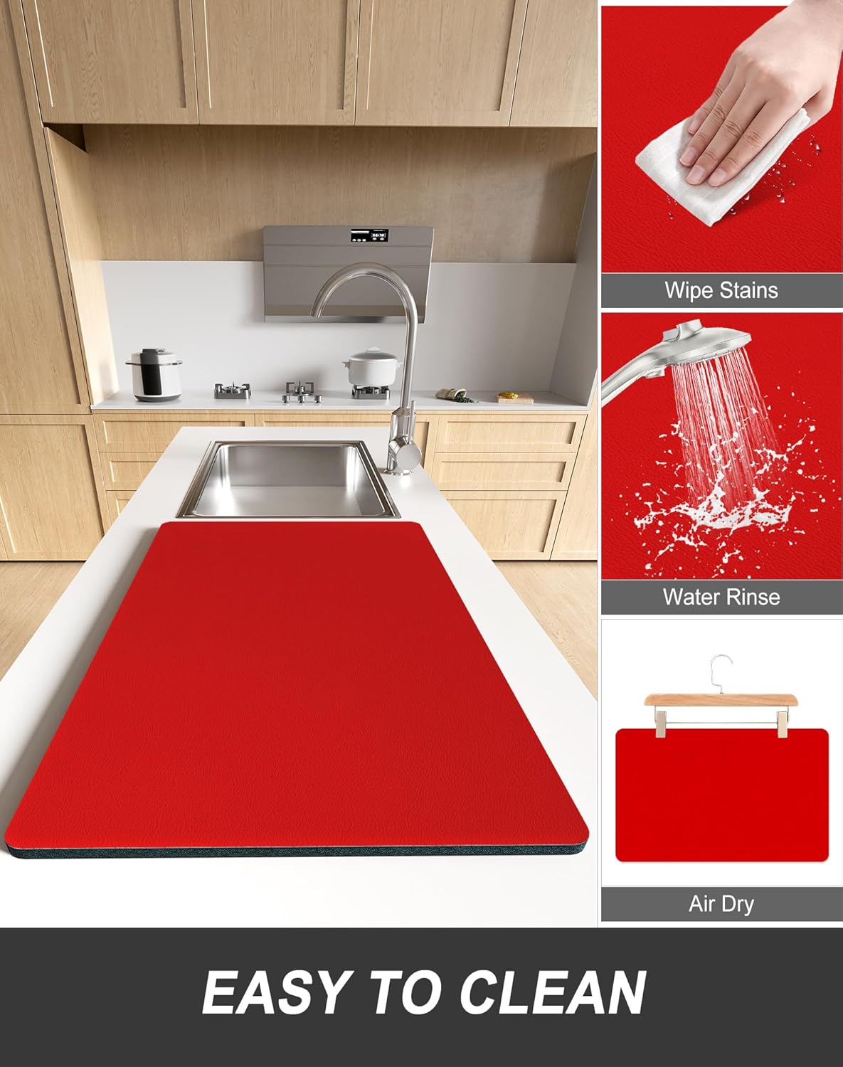 Rnivvi Dish Drying Mat for Kitchen Counter, XL 15 x 24" Super Absorbent Drainer Pad Easy Clean Dish Rack Pad, Non-Slip Heat Resistant Coffee Bar Mats for Coffee Machine Station Accessories Decor, Red