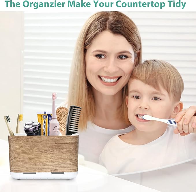 Boperzi Toothbrush and Toothpaste Holder Wood Grain for Bathroom Countertop with Adjustable Dividers, Toothpaste Caddy Organizer Storage Rustic Decor Set Freestanding Anti-Slip for Shower,Family,Kids